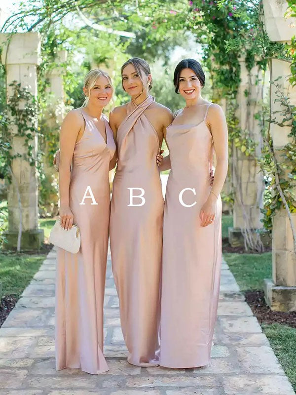 Wholesale Sheath/Column Silk like Satin Ruched V-neck Sleeveless Floor-Length Bridesmaid Dresses